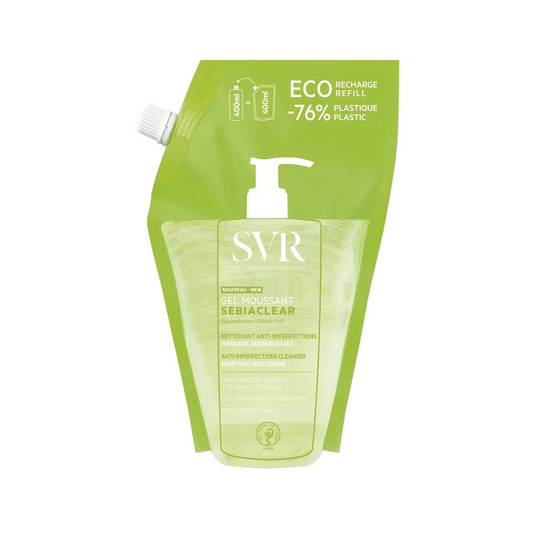 SVR Sebiaclear gel moussant 400ml. Recharge nettoyante en Tunisie sur laparadulac.com. Peau nette et matifiée, sans savon ni paraben.

