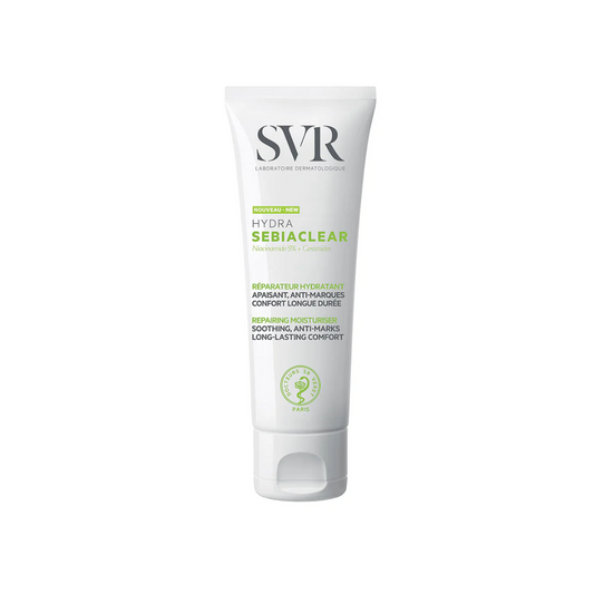 SVR Sebiaclear Hydra – crème hydratante réparatrice visage, soin apaisant peau grasse fragilisée par traitements anti-acné, dermatologie française SVR, parapharmacie en ligne Tunisie, produits de beauté hydratants et anti-imperfections, soins visage professionnels, acheter SVR Tunisie sur laparadulac.com