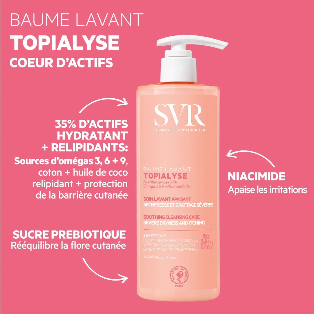 SVR Topialyse Baume Lavant – Soin lavant apaisant pour peaux sèches et atopiques – Disponible sur La Para du Lac, parapharmacie en ligne N°1 en Tunisie.