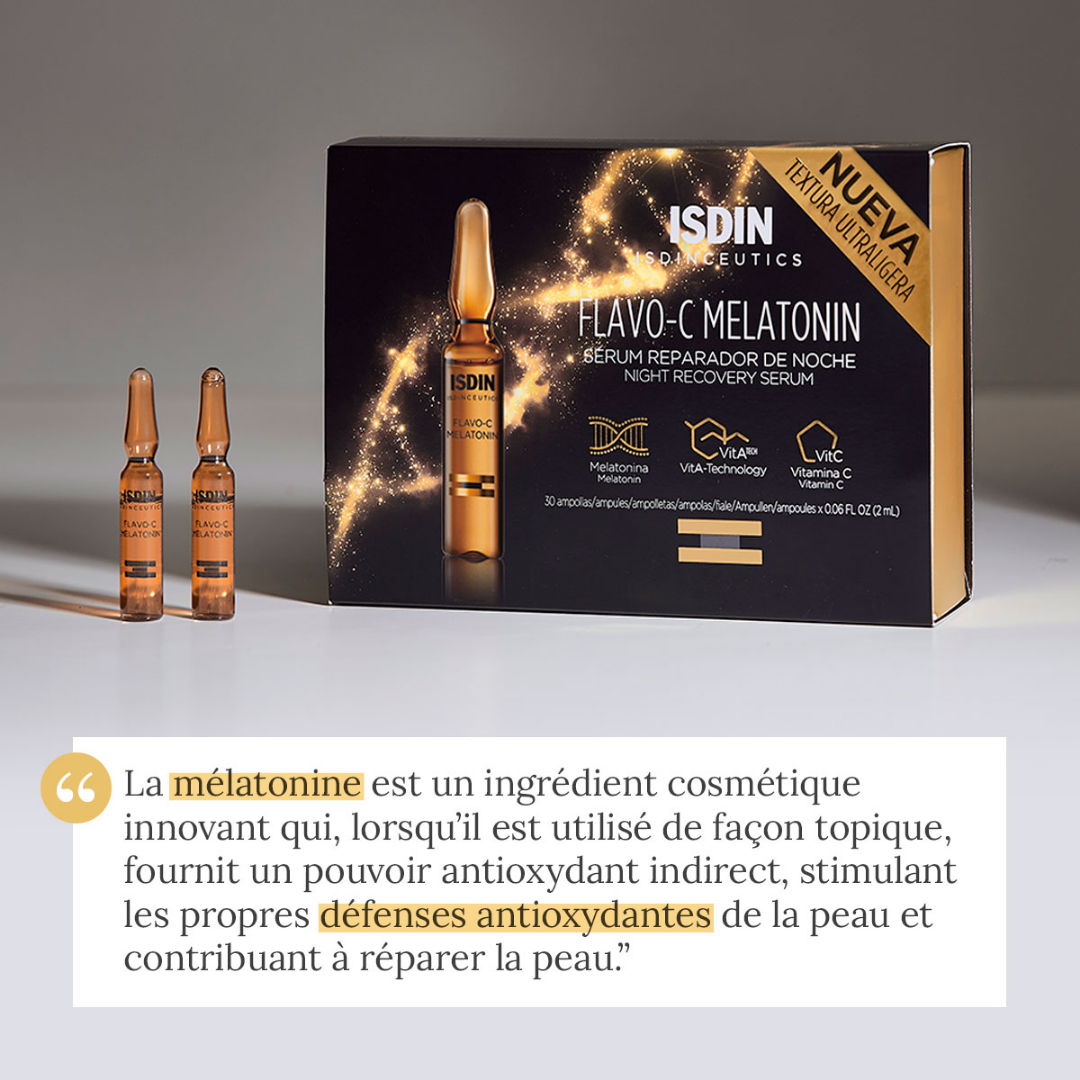 ISDIN Flavo-C Melatonin 10 ampoules – Sérum visage réparateur nuit à la mélatonine – Disponible sur laparadulac.com – Laparadulac Parapharmacie Tunisie.

