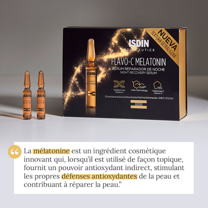 ISDIN Flavo-C Melatonin 10 ampoules – Sérum visage réparateur nuit à la mélatonine – Disponible sur laparadulac.com – Laparadulac Parapharmacie Tunisie.

