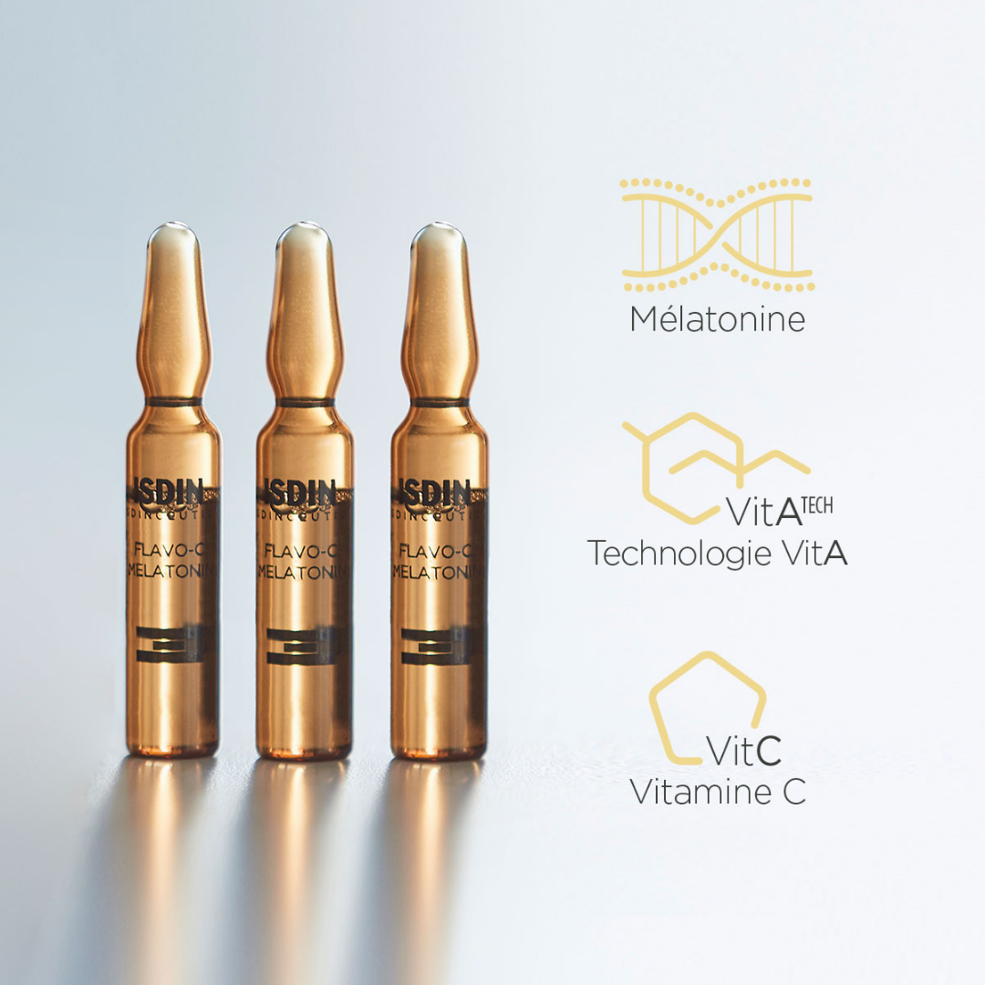 ISDIN Flavo-C Melatonin 10 ampoules – Sérum visage réparateur nuit à la mélatonine – Disponible sur laparadulac.com – Laparadulac Parapharmacie Tunisie.

