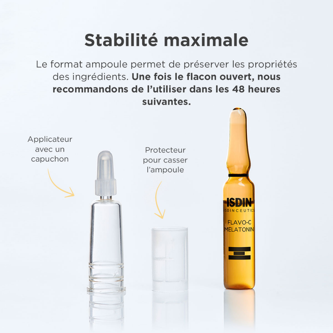 ISDIN Flavo-C Melatonin 10 ampoules – Sérum visage réparateur nuit à la mélatonine – Disponible sur laparadulac.com – Laparadulac Parapharmacie Tunisie.

