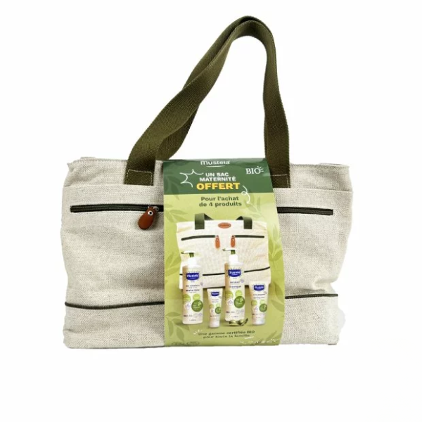 Sac maternité bio Mustela avec soins bébé complets, disponible sur laparadulac.com, parapharmacie Tunisie.