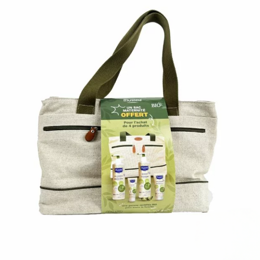 Sac maternité bio Mustela avec soins bébé complets, disponible sur laparadulac.com, parapharmacie Tunisie.