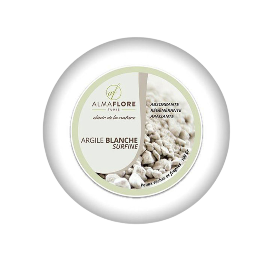 Argile blanche Almaflore 100g – soin visage purifiant et réparateur, disponible sur laparadulac.com, parapharmacie Tunisie.