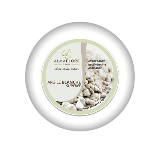 Argile blanche Almaflore 100g – soin visage purifiant et réparateur, disponible sur laparadulac.com, parapharmacie Tunisie.