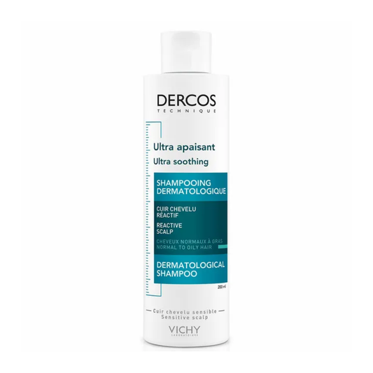 Shampooing ultra apaisant Dercos pour cuir chevelu irrité, cheveux normaux à gras.

