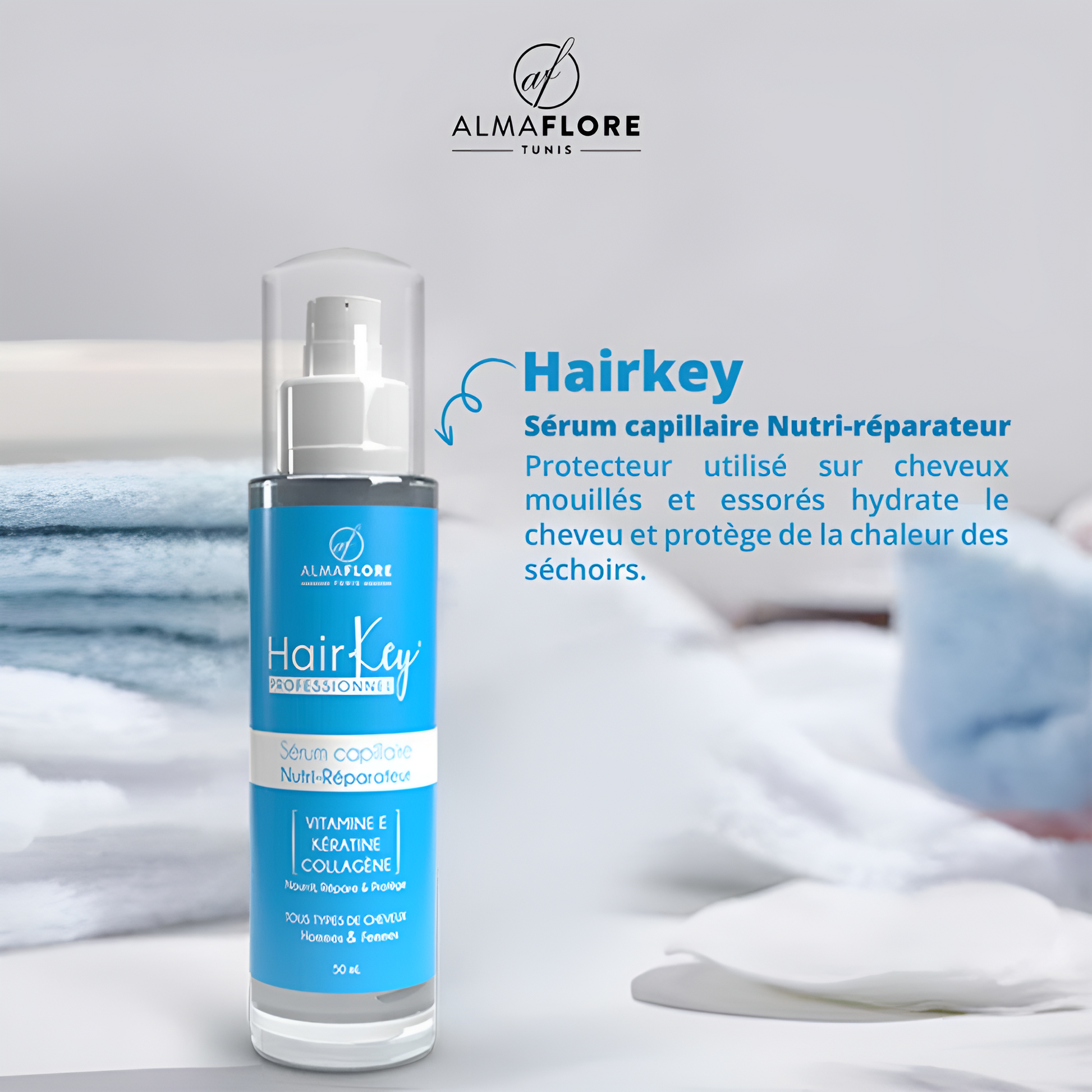 Sérum cheveux Almaflore 50ml kératine, vitamine E et collagène – soin capillaire sur laparadulac.com, parapharmacie Tunisie.