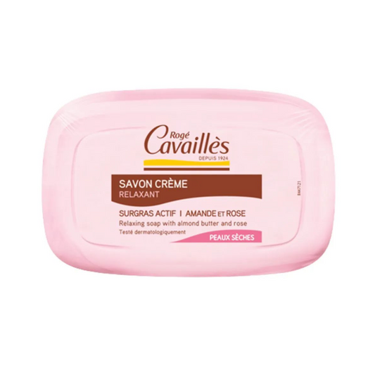 Savon crème amande et rose Rogé Cavaillès pour peaux sèches sur laparadulac.com, parapharmacie Tunisie, douceur nourrissante quotidienne.

