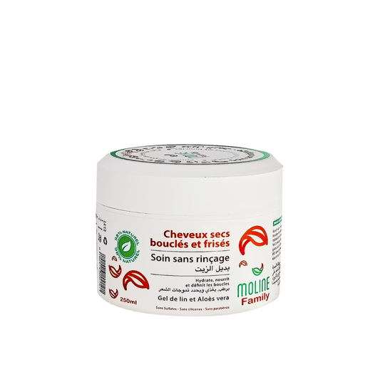 Moline Family Soin Sans Rinçage 250ml sur laparadulac.com, parapharmacie Tunisie : soin hydratant pour cheveux bouclés, aloe vera et huiles naturelles.