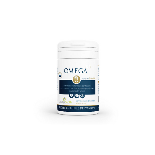 Boîte et gélules Young Health Omega 3 – oméga-3 pour santé cardiovasculaire et concentration (selon usage), parapharmacie en ligne Tunisie sur laparadulac.com, qualité garantie.