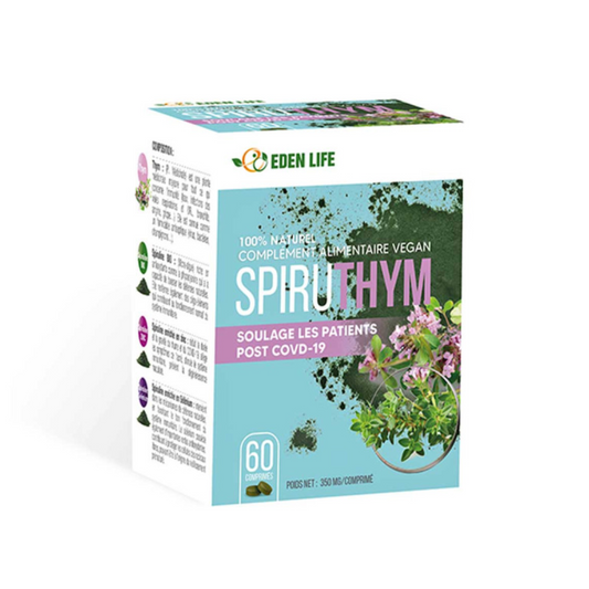 SpiruThym Eden Life – complément alimentaire à base de thym, zinc et sélénium pour l’immunité post-virus, disponible sur laparadulac.com – parapharmacie Tunisie.

