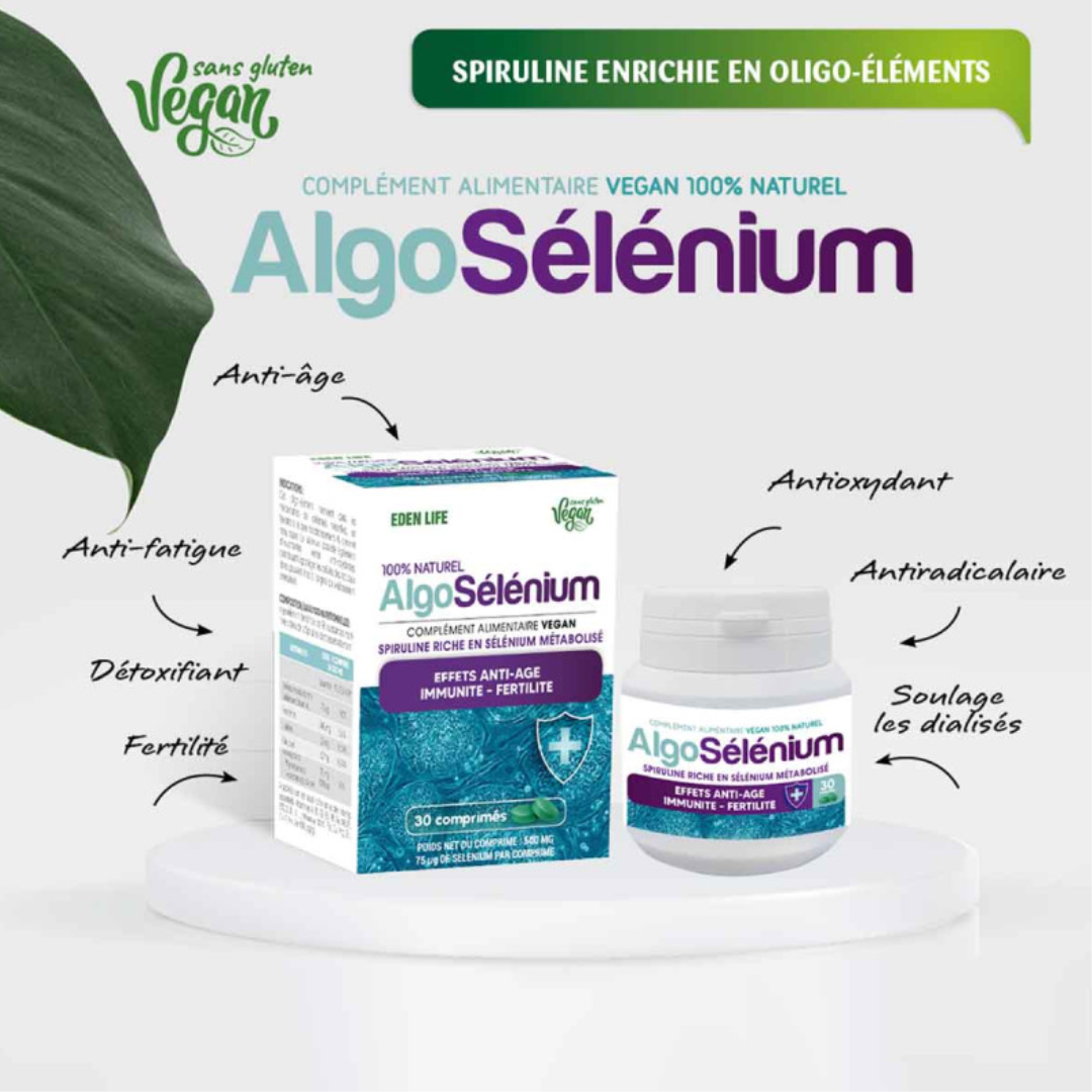 AlgoSélénium Eden Life 30 comprimés, spiruline enrichie en sélénium pour immunité et antioxydants, disponible sur laparadulac.com – parapharmacie Tunisie.

