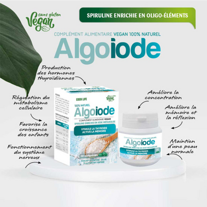 AlgoIode Eden Life 30 comprimés, spiruline enrichie en iode pour thyroïde et mémoire, disponible sur laparadulac.com – parapharmacie Tunisie.

