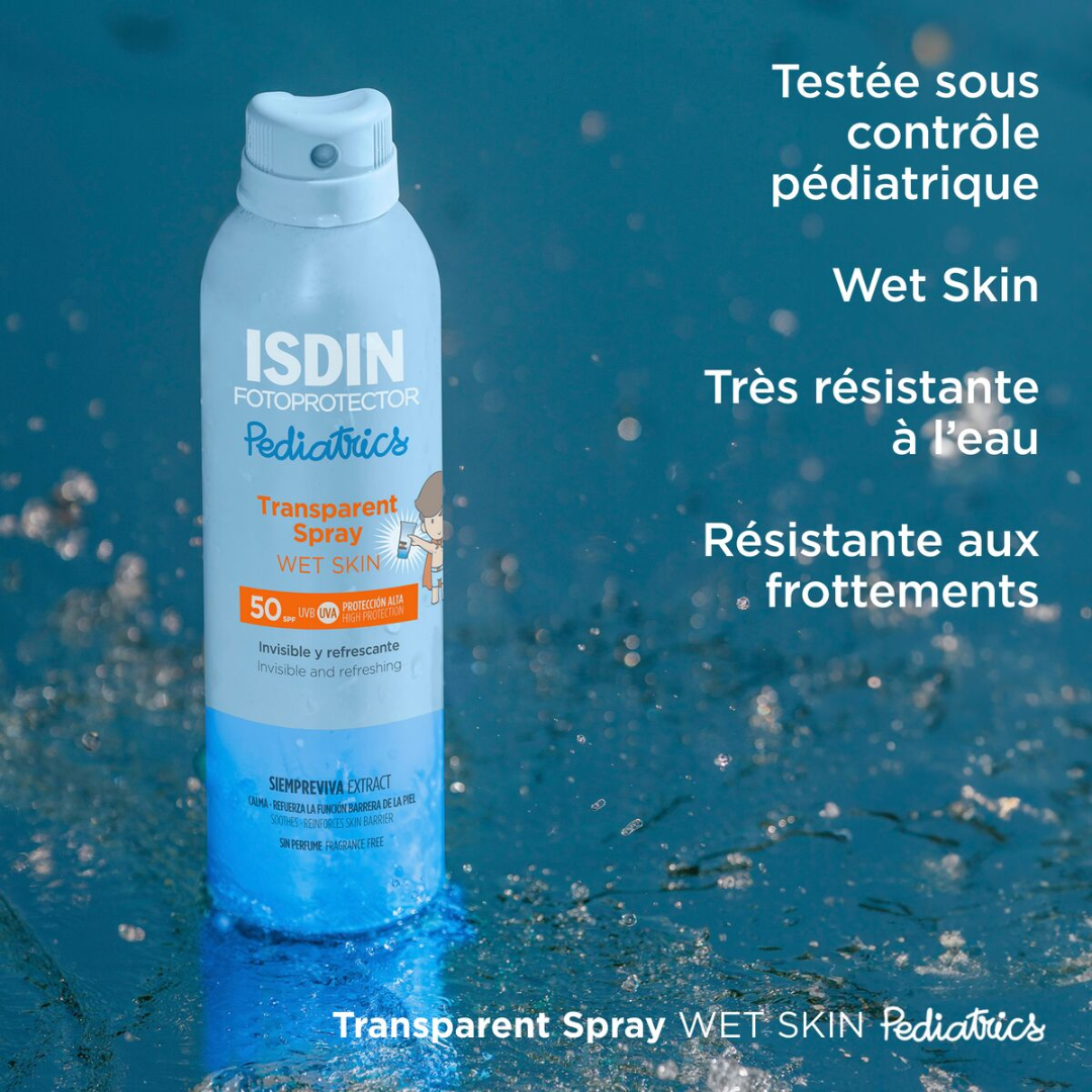 ISDIN Fotoprotector Wet Skin Spray Pediatrics SPF50 200 ml – spray solaire transparent enfants, parapharmacie Laparadulac Parapharmacie Tunisie. Disponible sur laparadulac.com


