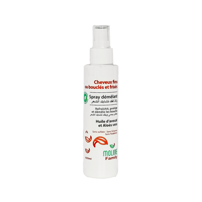 Moline Spray Démêlant 150ml sur laparadulac.com, parapharmacie Tunisie : soin capillaire naturel sans rinçage pour cheveux doux et démêlés.