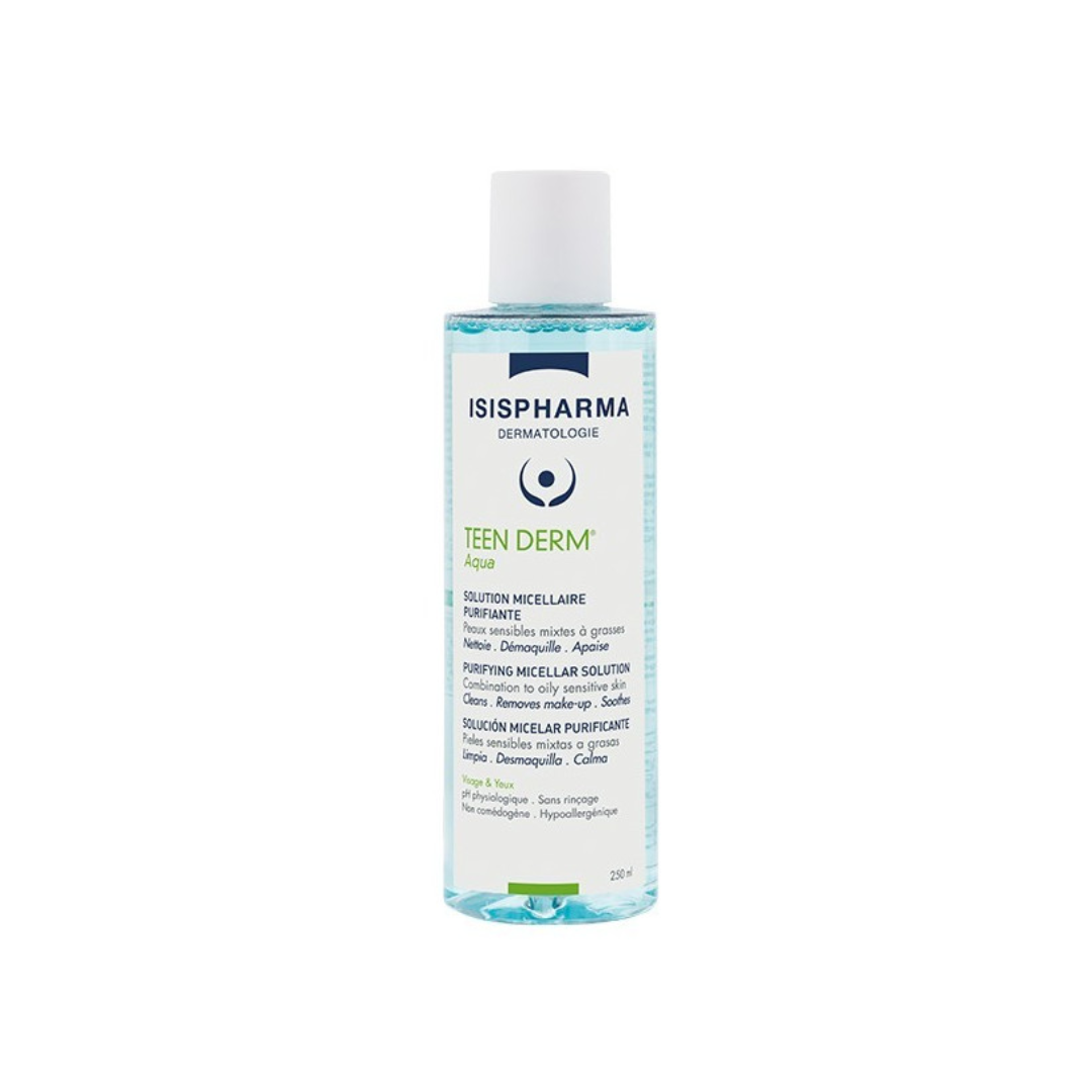 ISISPHARMA Teen Derm Aqua Solution Micellaire Tunisie – eau micellaire nettoyante et purifiante, soin visage peaux grasses et acnéiques, démaquillant doux anti-imperfections ISISPHARMA, dermocosmétique française, parapharmacie en ligne Tunisie Lac 2, produits Teen Derm originaux pas cher Tunisie, acheter ISISPHARMA Teen Derm Aqua en Tunisie sur laparadulac.com