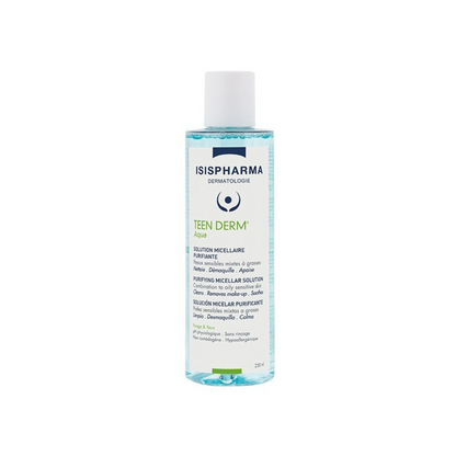 ISISPHARMA Teen Derm Aqua Solution Micellaire Tunisie – eau micellaire nettoyante et purifiante, soin visage peaux grasses et acnéiques, démaquillant doux anti-imperfections ISISPHARMA, dermocosmétique française, parapharmacie en ligne Tunisie Lac 2, produits Teen Derm originaux pas cher Tunisie, acheter ISISPHARMA Teen Derm Aqua en Tunisie sur laparadulac.com