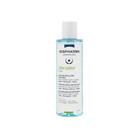 ISISPHARMA Teen Derm Aqua Solution Micellaire Tunisie – eau micellaire nettoyante et purifiante, soin visage peaux grasses et acnéiques, démaquillant doux anti-imperfections ISISPHARMA, dermocosmétique française, parapharmacie en ligne Tunisie Lac 2, produits Teen Derm originaux pas cher Tunisie, acheter ISISPHARMA Teen Derm Aqua en Tunisie sur laparadulac.com