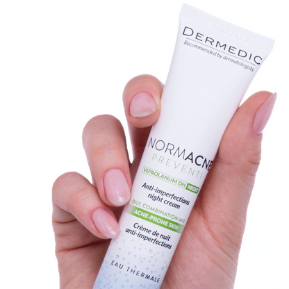 Crème de nuit anti-imperfections Dermedic Normacne Preventi sur laparadulac.com, parapharmacie Tunisie pour peau à tendance acnéique.
