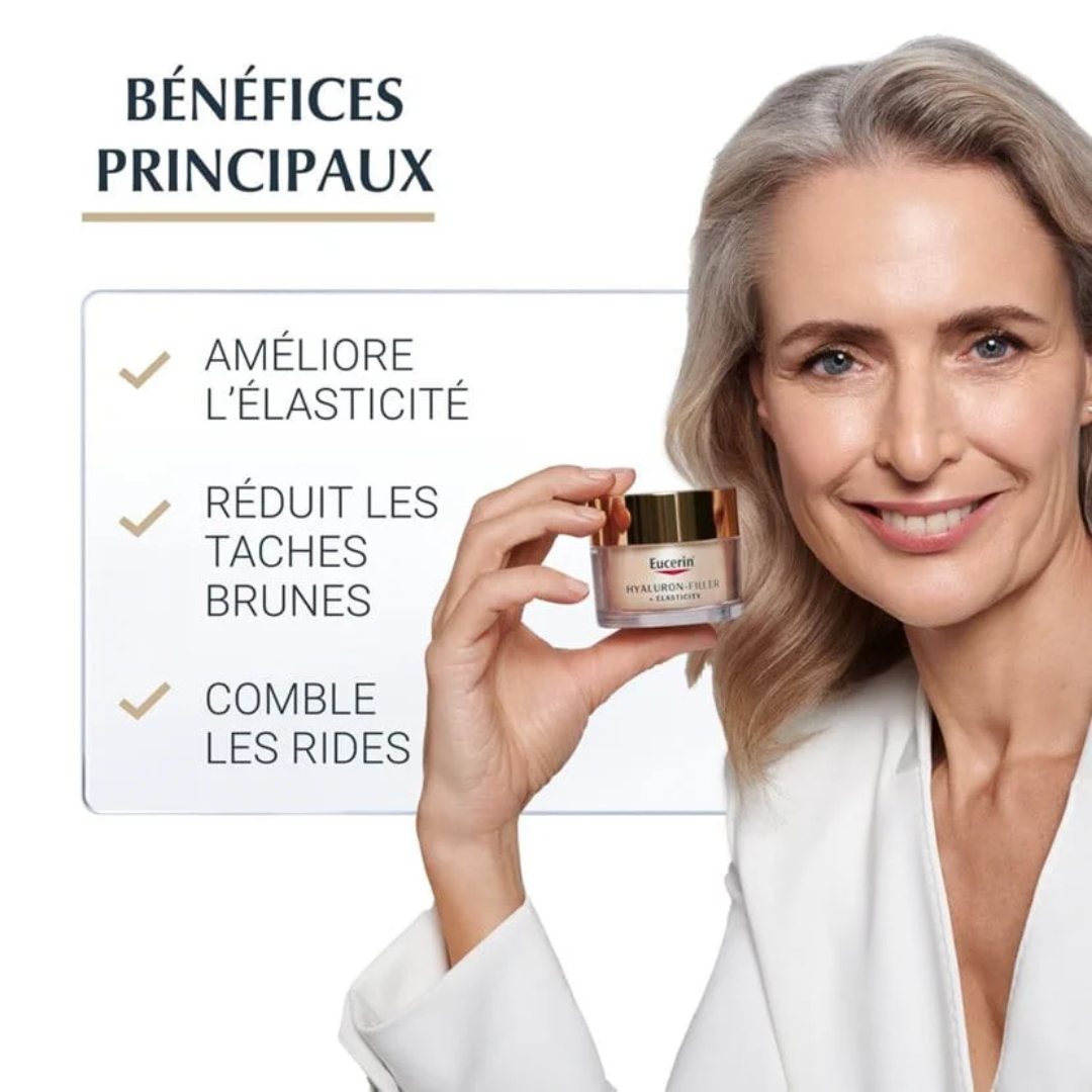 EUCERIN Hyaluron-Filler + Elasticity Soin de Jour SPF15 Tunisie – crème anti-rides et fermeté visage, soin hydratant à l’acide hyaluronique et collagène, protection solaire SPF15, dermocosmétique Eucerin, parapharmacie en ligne Tunisie Lac 2, produits EUCERIN originaux pas cher Tunisie, acheter Hyaluron-Filler Elasticity Jour en Tunisie sur laparadulac.com