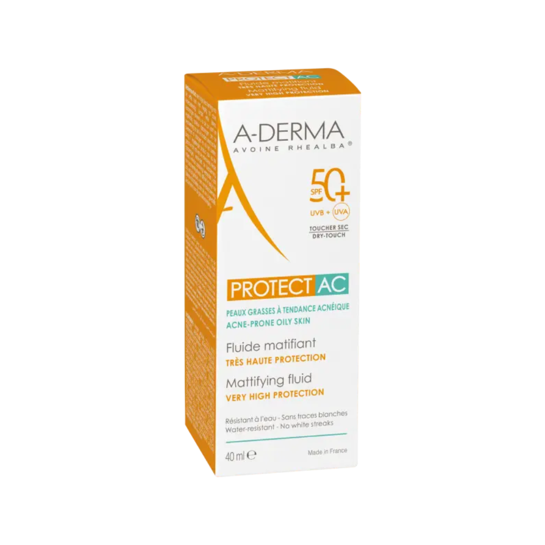 Fluide solaire matifiant A-DERMA Protect AC SPF50+ disponible sur laparadulac.com, parapharmacie Tunisie, idéal pour les peaux acnéiques.