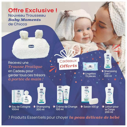 Trousse bébé Chicco Baby Moments avec soins essentiels – sur laparadulac.com – parapharmacie Tunisie pour maternité et cadeaux naissance.

