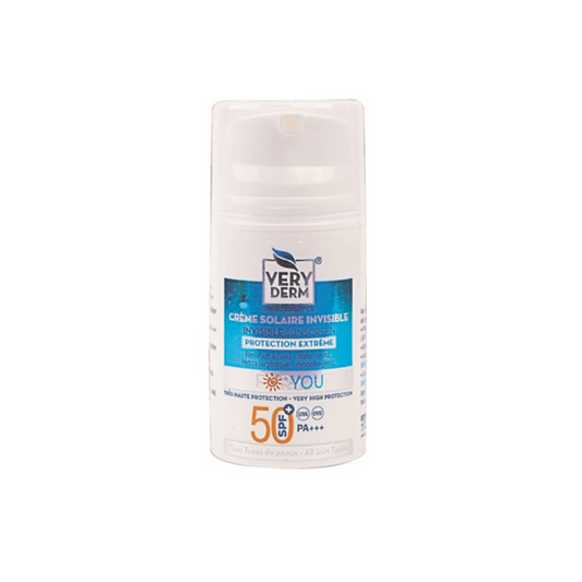 Very Derm Crème solaire SPF50+ invisible 50 ml – protection solaire visage hydratante, en vente sur laparadulac.com, parapharmacie Tunisie.


