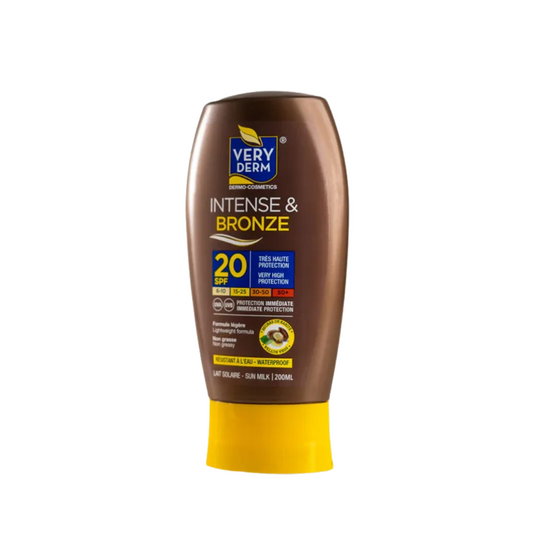 Very Derm Intense Bronze SPF 20 200ml – lotion bronzante biodégradable, protection UV, en vente sur laparadulac.com, parapharmacie Tunisie.