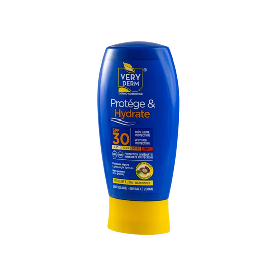 Very Derm Lait Solaire SPF30 200 ml – lait solaire hydratant et biodégradable, protection famille, disponible sur laparadulac.com, parapharmacie Tunisie.

