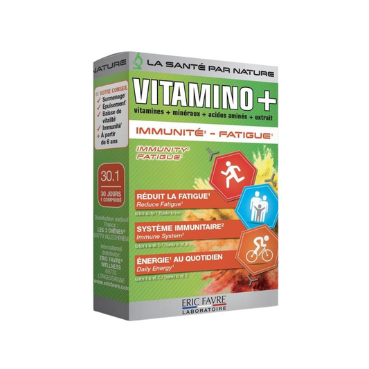Boîte ERIC Favre Vitamino+ 30 comprimés sur laparadulac.com, parapharmacie Tunisie : complément immunité et énergie anti-fatigue.

