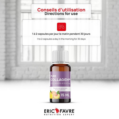 Photo du produit Eric Favre Pure Collagen+ en fioles – complément alimentaire beauté à base de collagène marin, hyaluronique, zinc et sélénium

