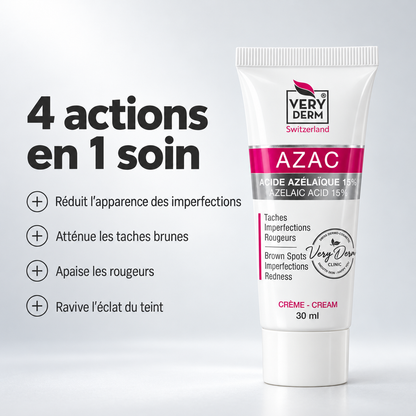 Tube de crème AZAC Very Derm 30ml avec les 4 actions en 1 soin : imperfections, taches brunes, rougeurs et éclat du teint