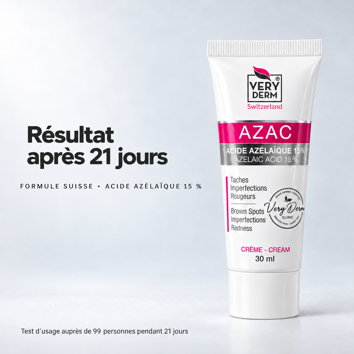 Tube de crème AZAC Very Derm 30ml avec la mention Résultat après 21 jours, formule suisse à l'acide azélaïque 15%