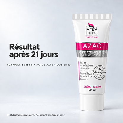 Tube de crème AZAC Very Derm 30ml avec la mention Résultat après 21 jours, formule suisse à l'acide azélaïque 15%