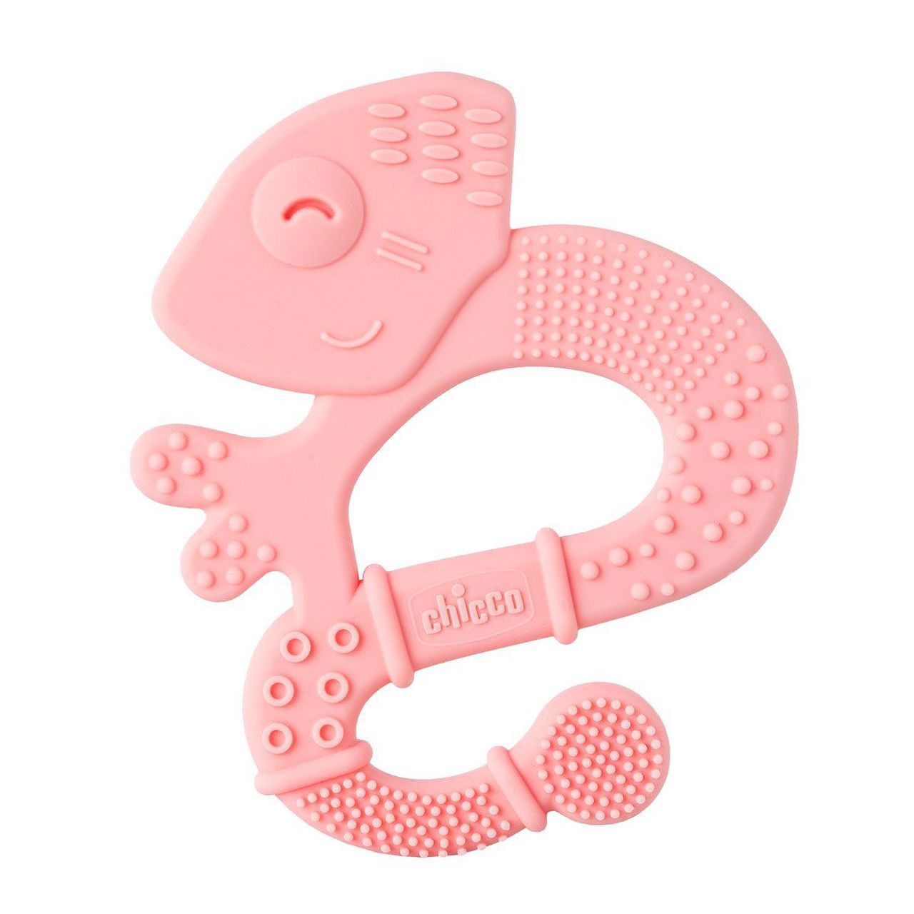 Anneau de dentition Chicco en silicone souple rose, forme caméléon pour massage des gencives de bébé, en vente sur La Para du Lac Tunisie.