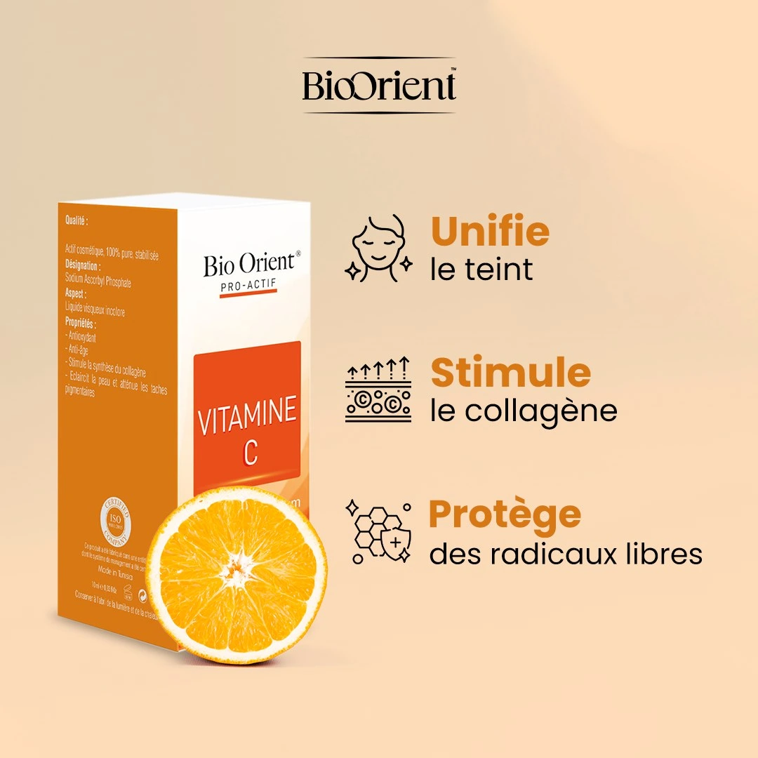 Vitamine C en poudre Bio Orient 10ml – actif cosmétique anti-âge disponible sur laparadulac.com, parapharmacie Tunisie.