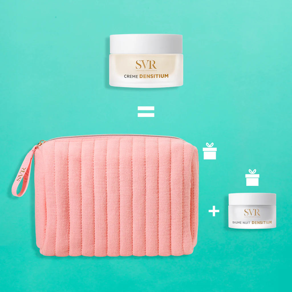 Coffret SVR Densitium comprenant la Crème Riche anti-âge et le Baume de Nuit avec une trousse rose offerte. Soin raffermissant et redensifiant disponible chez La Para du Lac Tunisie.