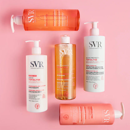 "Routine complète SVR Topialyse pour peaux sèches à atopiques : Huile lavante, Baume Protect+, Gel Lavant et Crème émolliente. Soins anti-grattage disponibles sur laparadulac.com Tunisie."