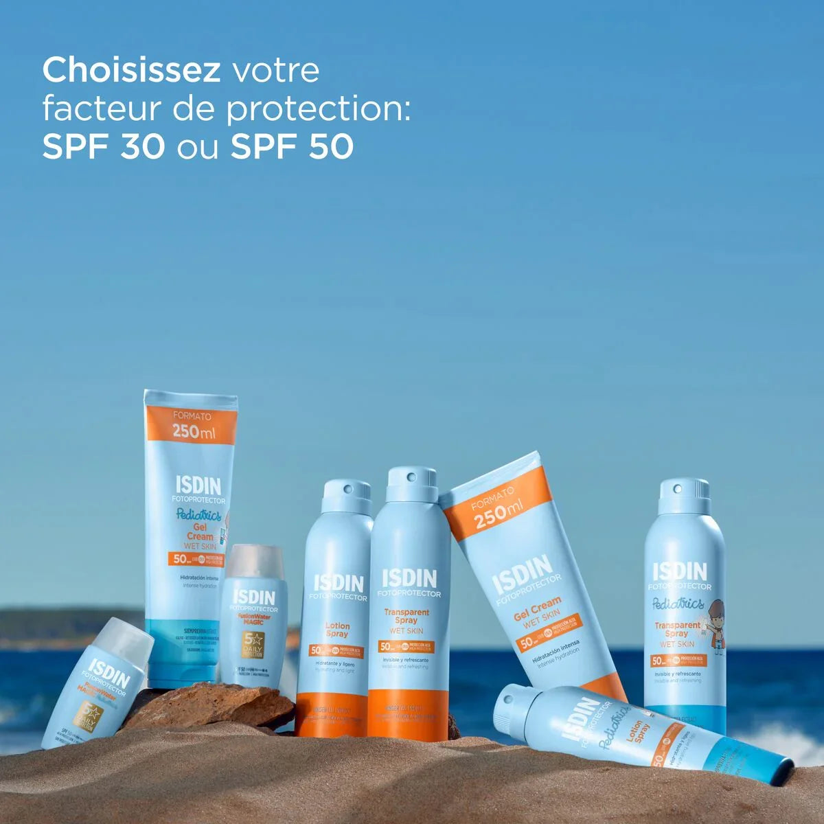 ISDIN Fotoprotector Gel Cream et Spray SPF 50 pour peau humide, format 250ml | La Para Du Lac