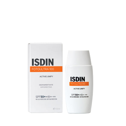 Écran solaire ISDIN FotoUltra 100 Active Unify SPF 50+ fluide dépigmentant pour corriger les taches brunes - Disponible chez La Para du Lac Tunisie.
