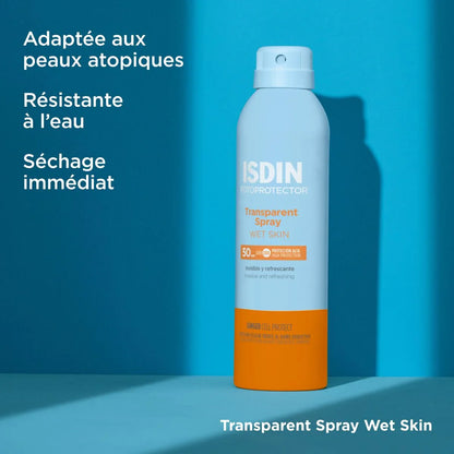 ISDIN Fotoprotector Transparent Spray Wet Skin SPF50+ pour peaux atopiques, séchage immédiat | La Para Du Lac