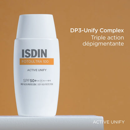 Écran solaire Isdin FotoUltra 100 Active Unify avec DP3-Unify Complex pour une triple action dépigmentante, disponible chez La Para du Lac.