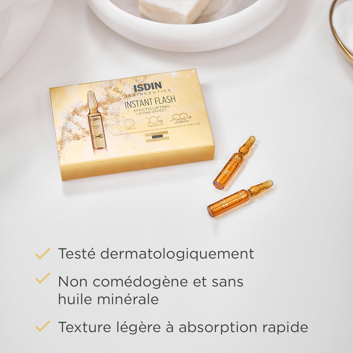 Ampoules ISDIN Instant Flash testées dermatologiquement, formule non comédogène sans huile minérale à absorption rapide, en vente chez La Para du Lac Tunisie.