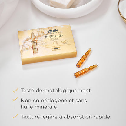 Ampoules ISDIN Instant Flash testées dermatologiquement, formule non comédogène sans huile minérale à absorption rapide, en vente chez La Para du Lac Tunisie.