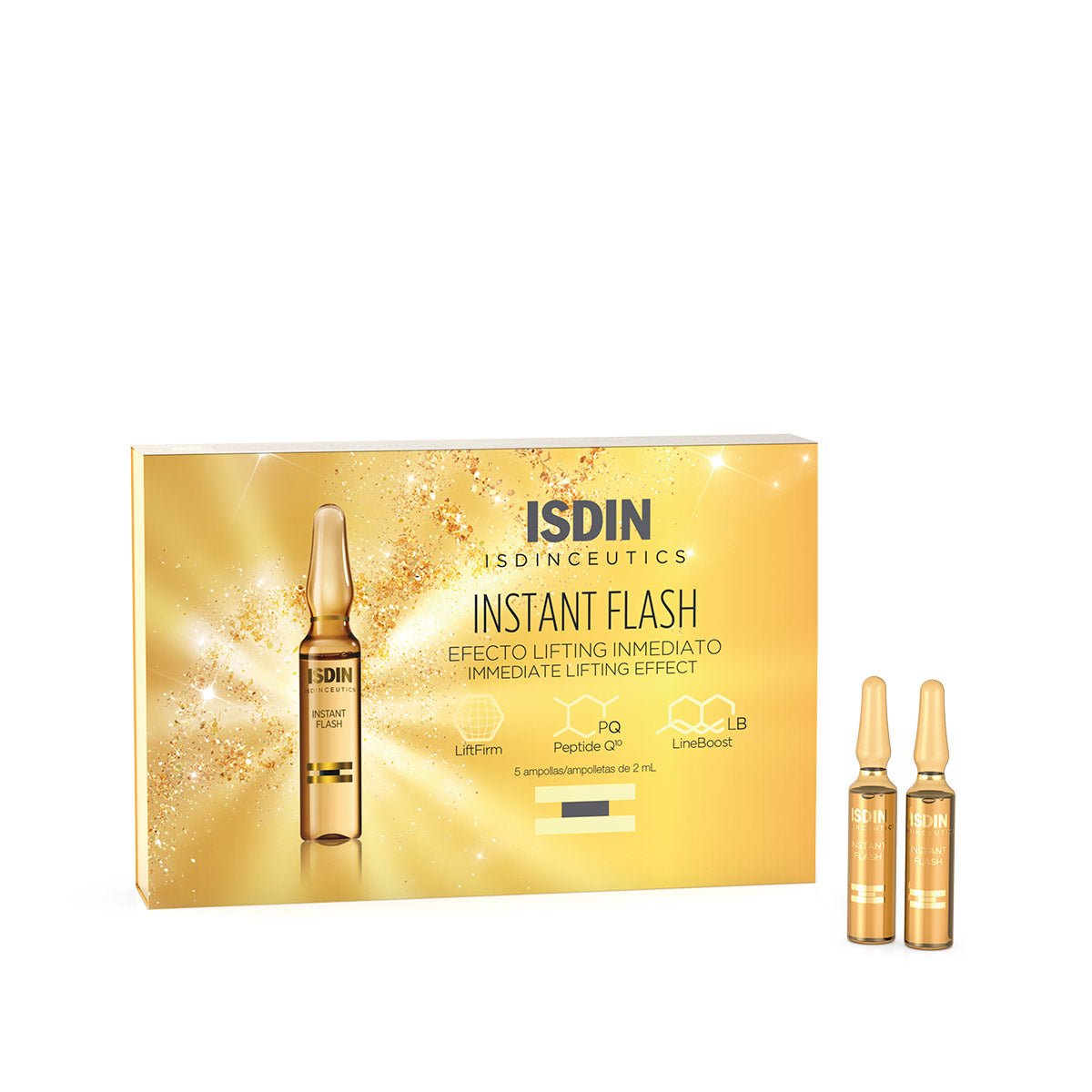 Ampoules ISDIN Instant Flash pour un effet lifting immédiat et anti-fatigue, enrichies en Peptide Q10, disponibles sur La Para du Lac Tunisie.
