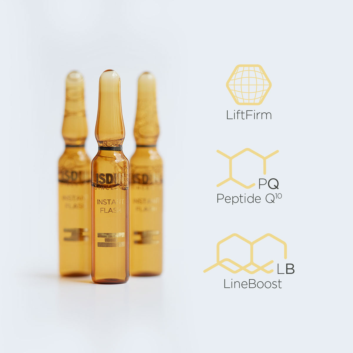 Zoom sur les actifs des ampoules ISDIN Instant Flash : technologies LiftFirm, Peptide Q10 et LineBoost pour un effet tenseur immédiat, disponible sur La Para du Lac.