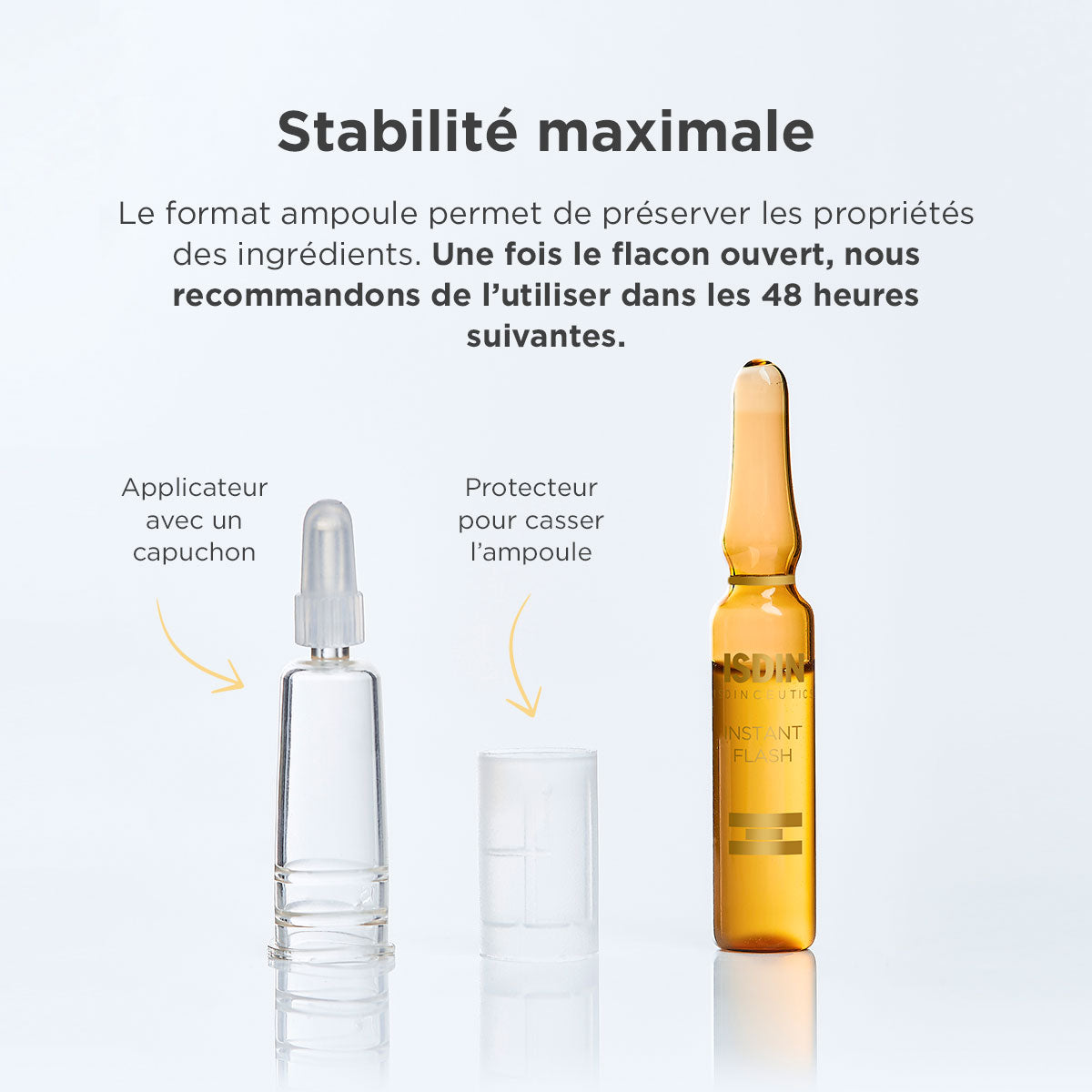 Accessoires ampoule ISDIN Instant Flash : applicateur avec capuchon et protecteur pour une conservation de 48h et une stabilité maximale, disponible chez La Para du Lac Tunisie.
