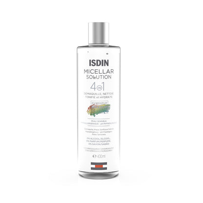 Solution Micellaire Isdin 4 en 1 (400ml) : démaquillant visage, nettoyant, tonifiant et hydratant pour peaux sensibles, disponible chez La Para du Lac Tunisie.